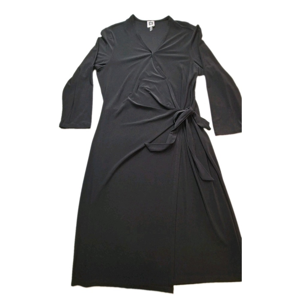 Anne Klein Black Knit Wrap Dress V-Neck 3/4 Sleeve Tie Belt Knee 14